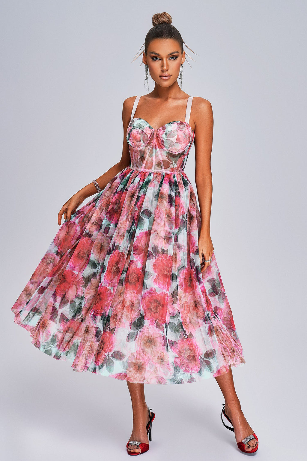 Lexi Midi Dress - Sareza Floral Print - Sweetheart Neckline - Flowing Skirt - Sheer Detailing - Ideal For Any Occasion
