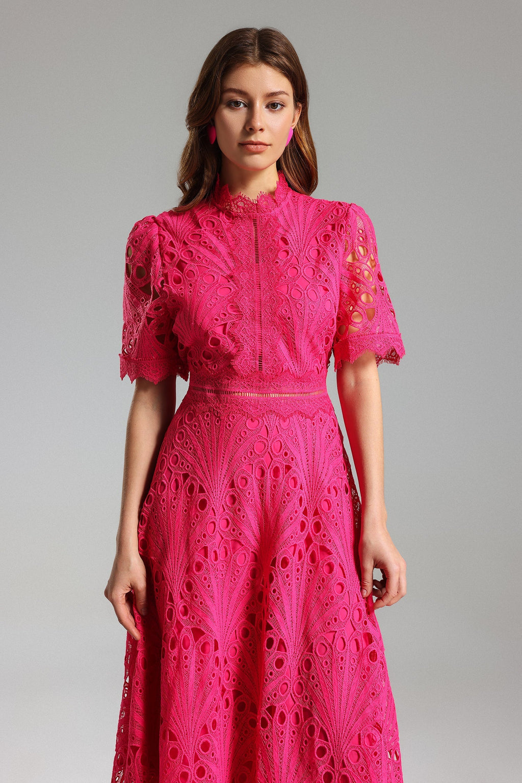 Liana Midi Dress - Stunning Lace Overlay - Feminine Silhouette - High Neckline - Flowy Skirt - Intricate Detailing