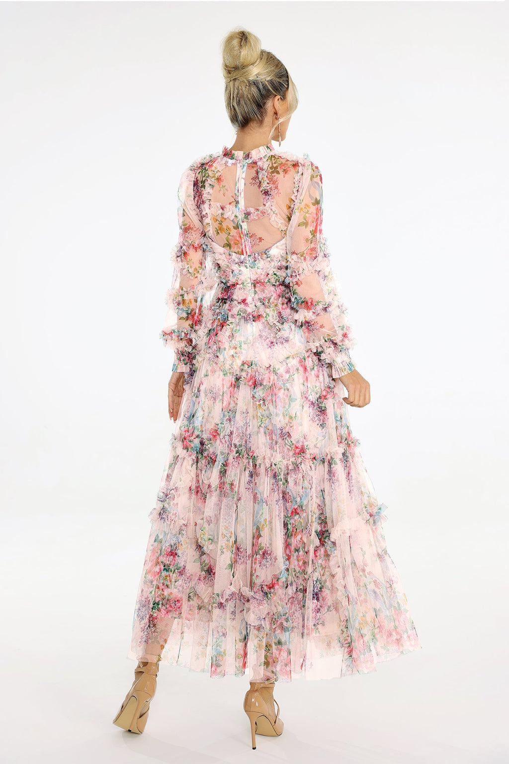 Zara Midi Dress - Floral Print - Sheer Mesh Fabric - Puffed Sleeves - Tiered Skirt - Neckline