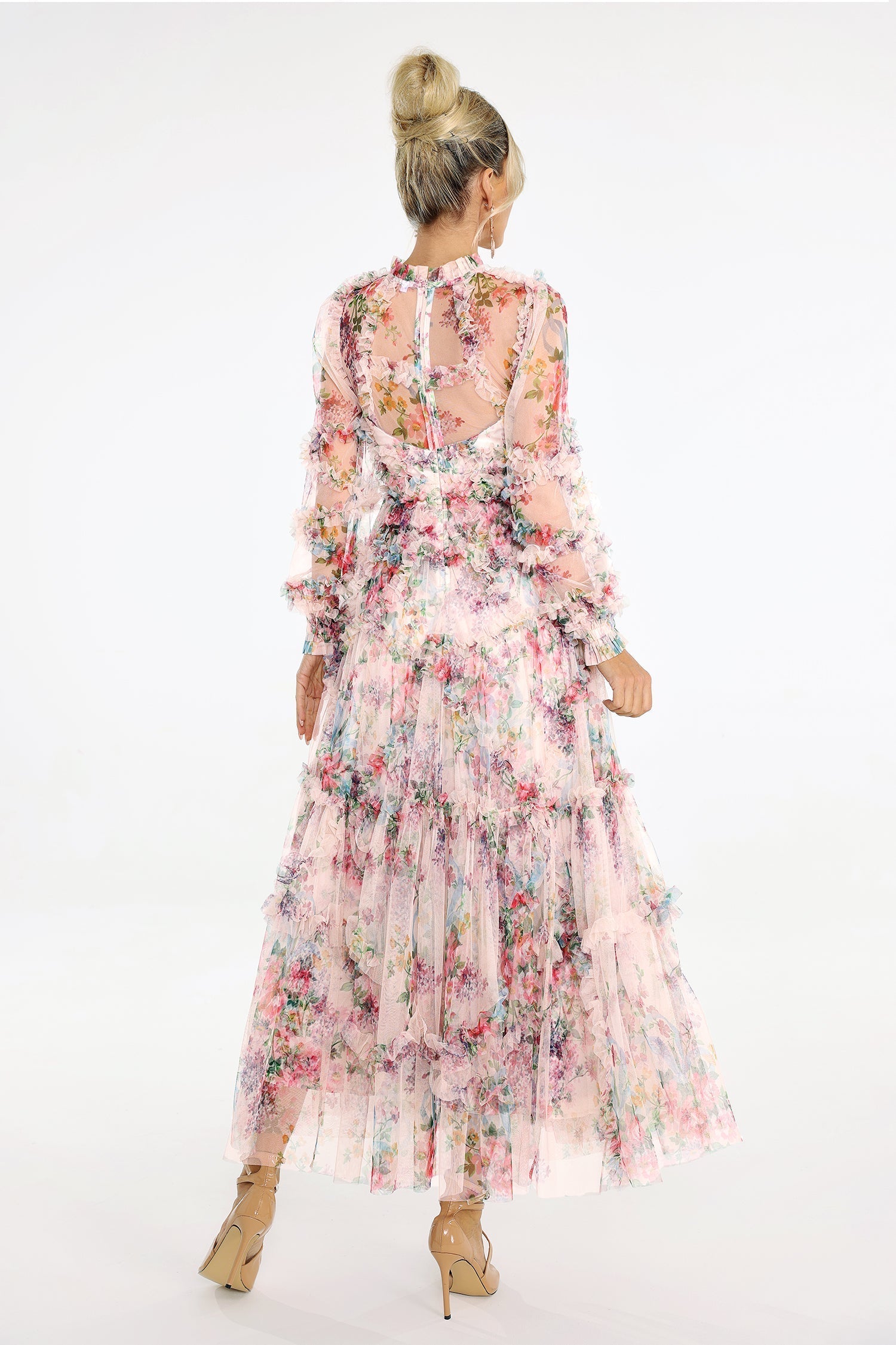 Zara Midi Dress - Floral Print - Sheer Mesh Fabric - Puffed Sleeves - Tiered Skirt - Neckline