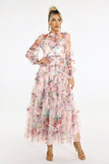 Zara Midi Dress - Floral Print - Sheer Mesh Fabric - Puffed Sleeves - Tiered Skirt - Neckline