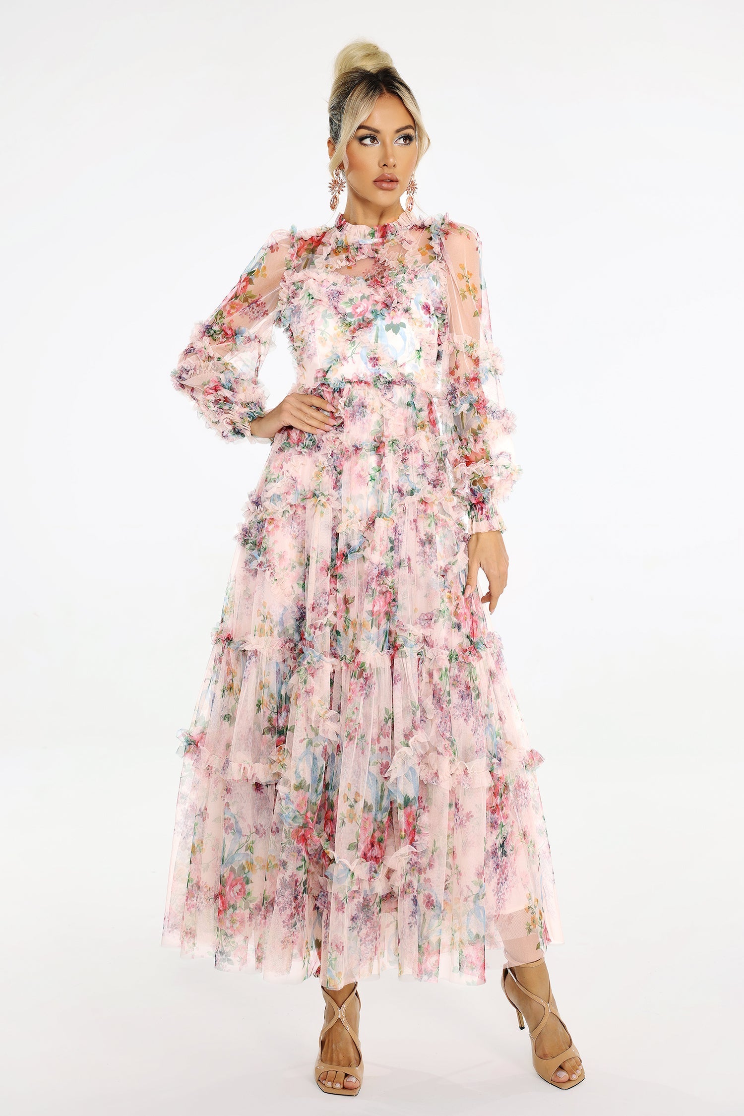 Zara Midi Dress - Floral Print - Sheer Mesh Fabric - Puffed Sleeves - Tiered Skirt - Neckline