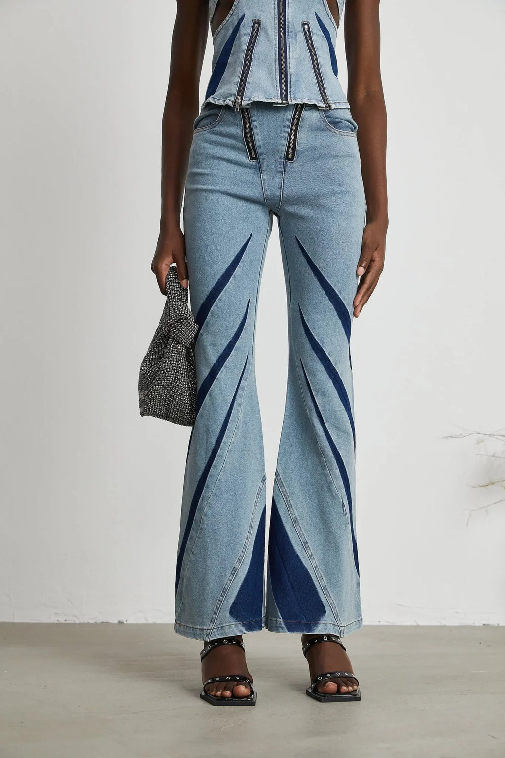 Abigail Denim Top & Jeans Set - Off - the - Shoulder Style - Color - Blocked Design - Cut - Out Detailing - Zips Decoration