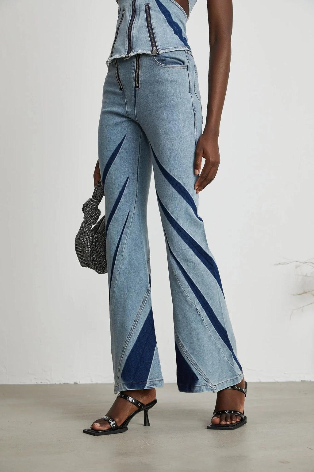 Abigail Denim Top & Jeans Set - Off - the - Shoulder Style - Color - Blocked Design - Cut - Out Detailing - Zips Decoration