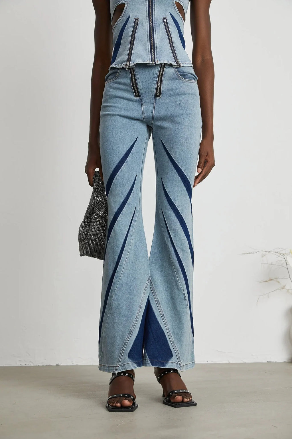 Abigail Denim Top & Jeans Set - Off - the - Shoulder Style - Color - Blocked Design - Cut - Out Detailing - Zips Decoration