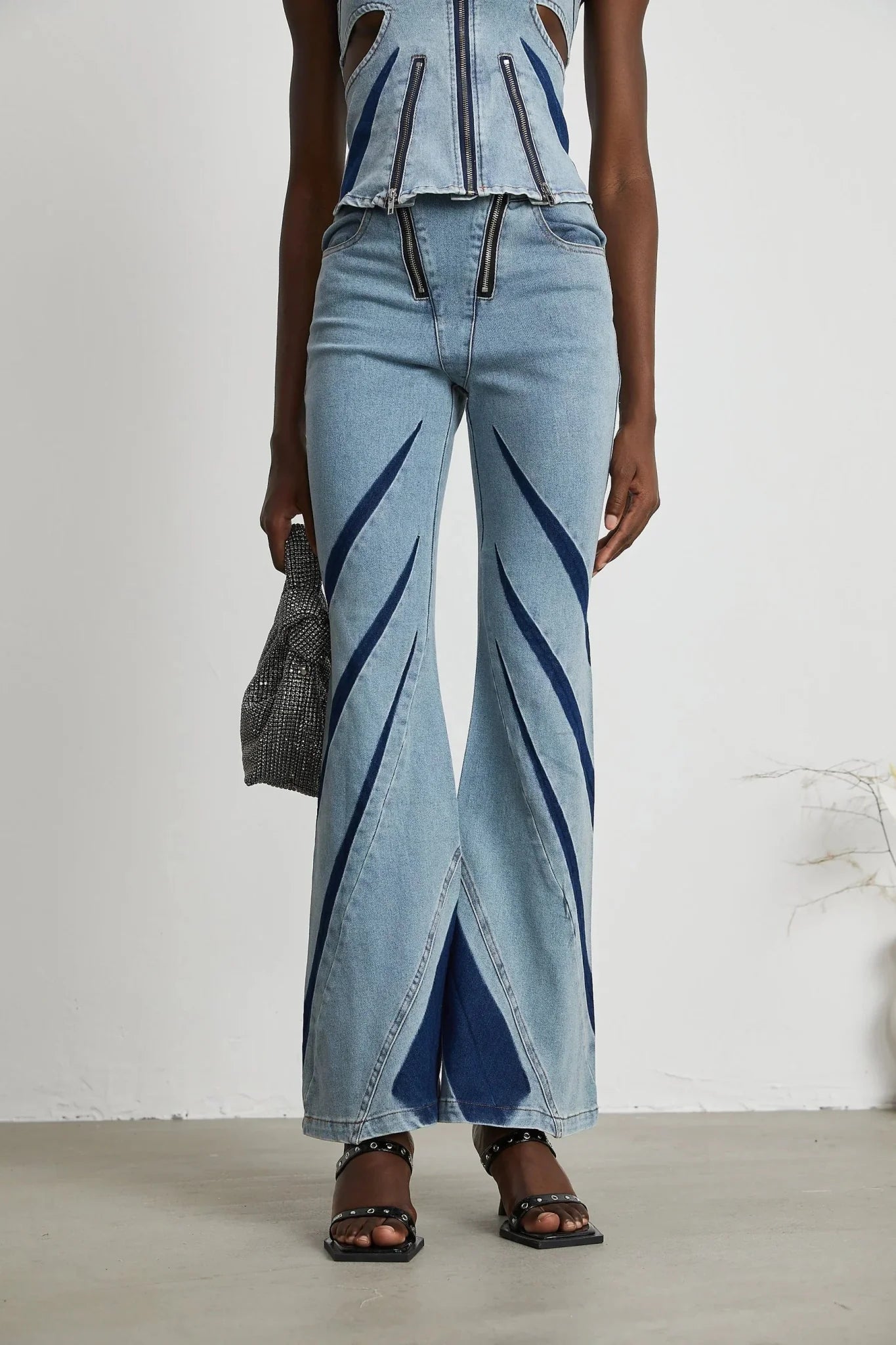 Abigail Denim Top & Jeans Set - Off - the - Shoulder Style - Color - Blocked Design - Cut - Out Detailing - Zips Decoration