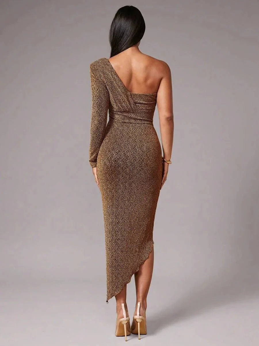 Abigail Midi Dress - Asymmetrical Neck - High Waist - Ruched Details - Party Style