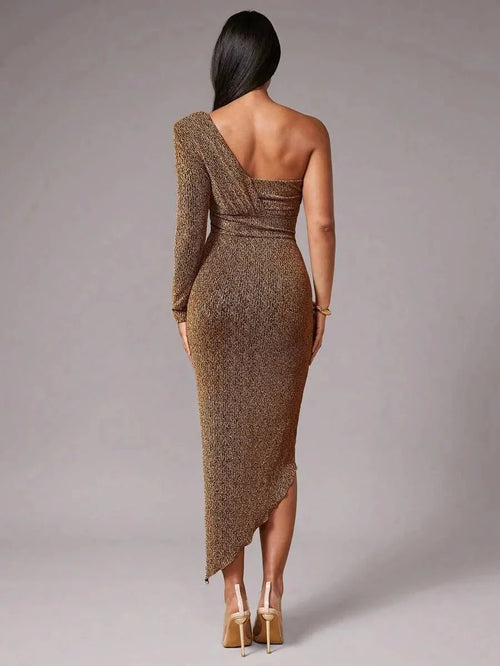 Abigail Midi Dress - Asymmetrical Neck - High Waist - Ruched Details - Party Style