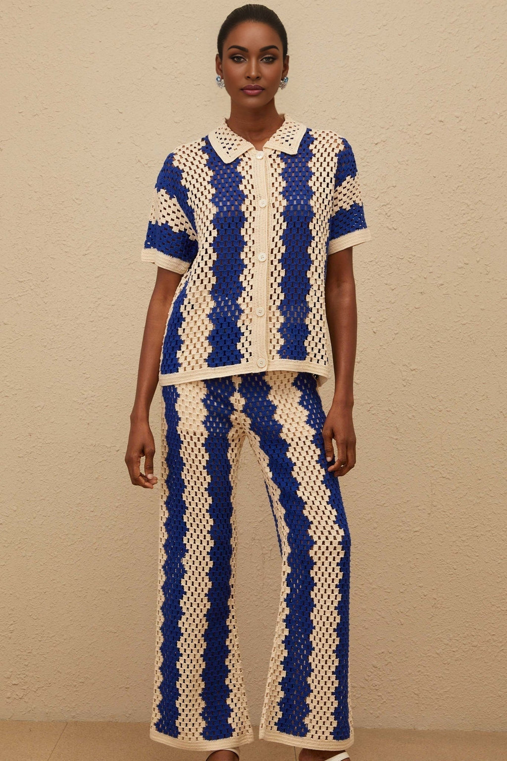 Abigail Shirt & Trousers Set - Crochet Knit Design - Cut - Out Detailing - Notched Lapels - Wide Leg - Flared Hem