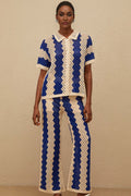 Abigail Shirt & Trousers Set - Crochet Knit Design - Cut - Out Detailing - Notched Lapels - Wide Leg - Flared Hem