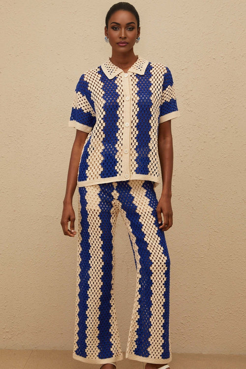 Abigail Shirt & Trousers Set - Crochet Knit Design - Cut - Out Detailing - Notched Lapels - Wide Leg - Flared Hem