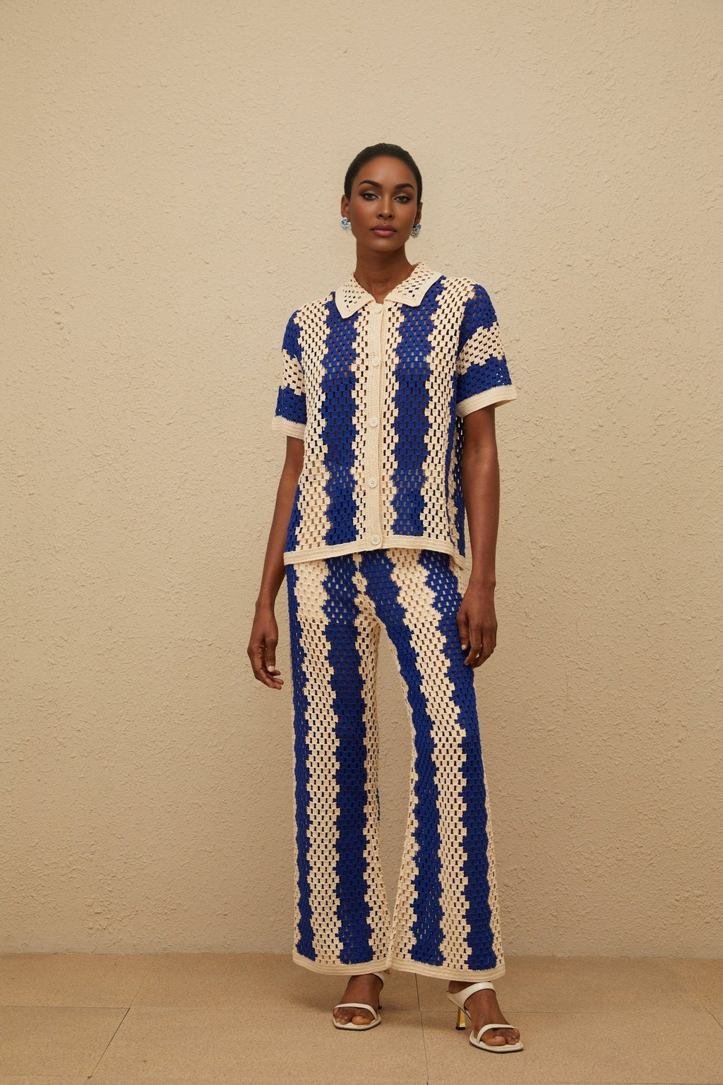 Abigail Shirt & Trousers Set - Crochet Knit Design - Cut - Out Detailing - Notched Lapels - Wide Leg - Flared Hem