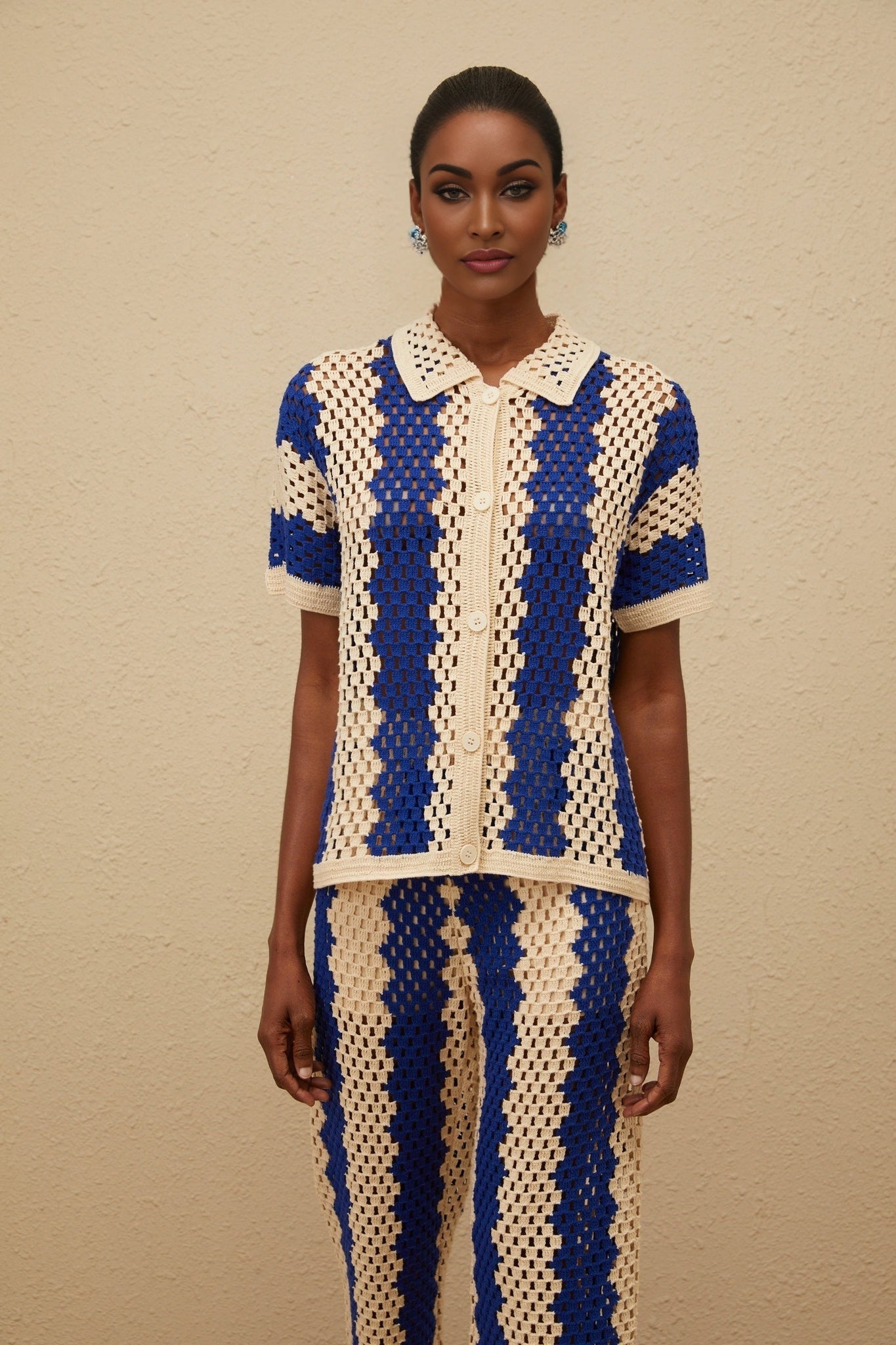 Abigail Shirt & Trousers Set - Crochet Knit Design - Cut - Out Detailing - Notched Lapels - Wide Leg - Flared Hem