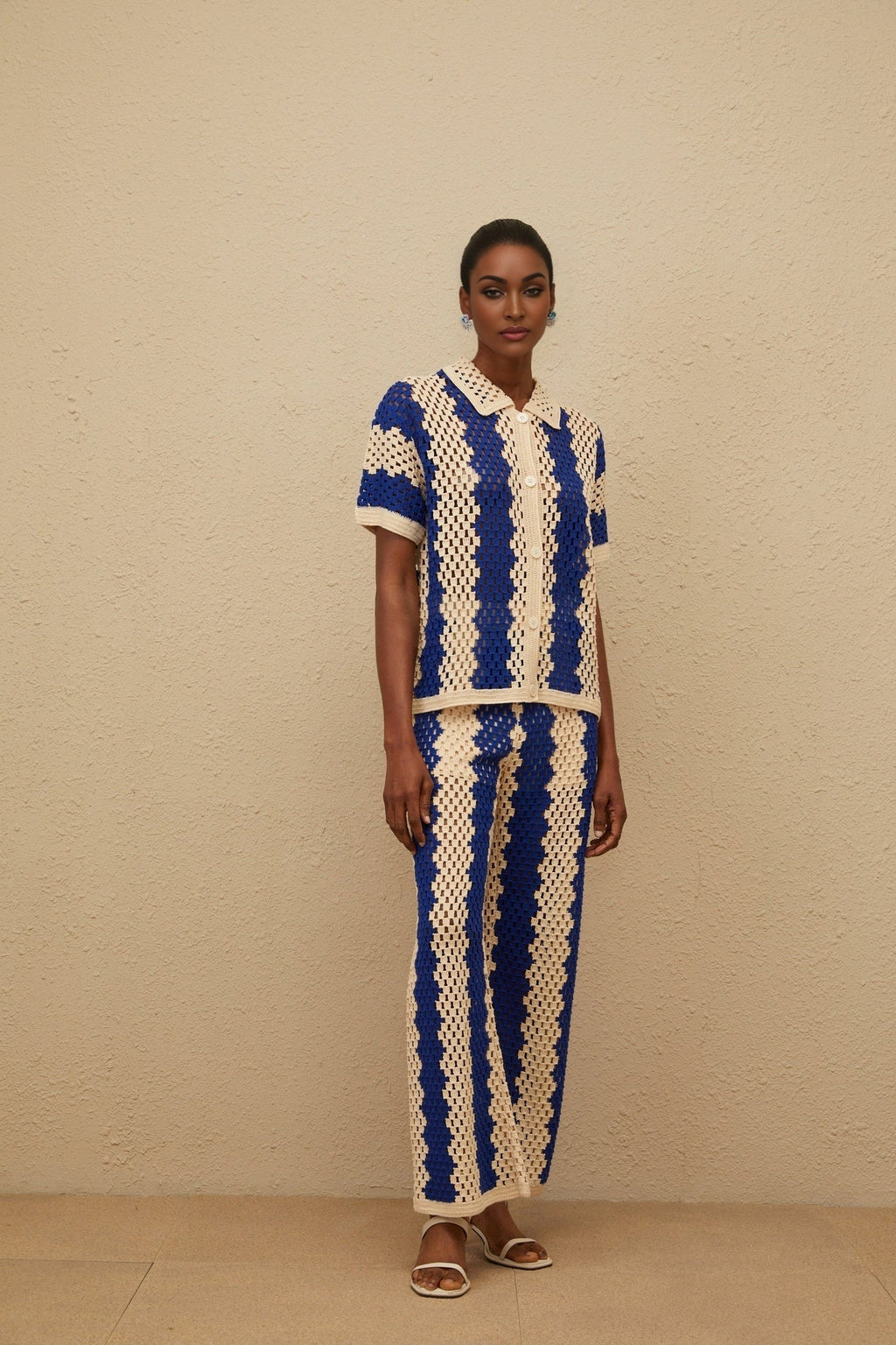 Abigail Shirt & Trousers Set - Crochet Knit Design - Cut - Out Detailing - Notched Lapels - Wide Leg - Flared Hem