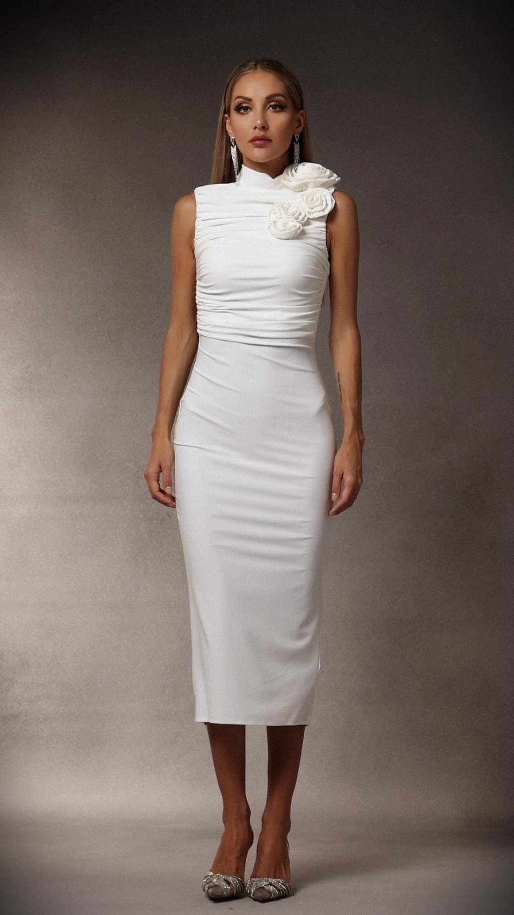 Tatiana Midi Dress - High Neckline - Ruched Detailing - Fabric Flowers - Draping Fit - Versatile