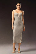 Adalgisa Beige Diamond Detail Plunging Neckline Dress