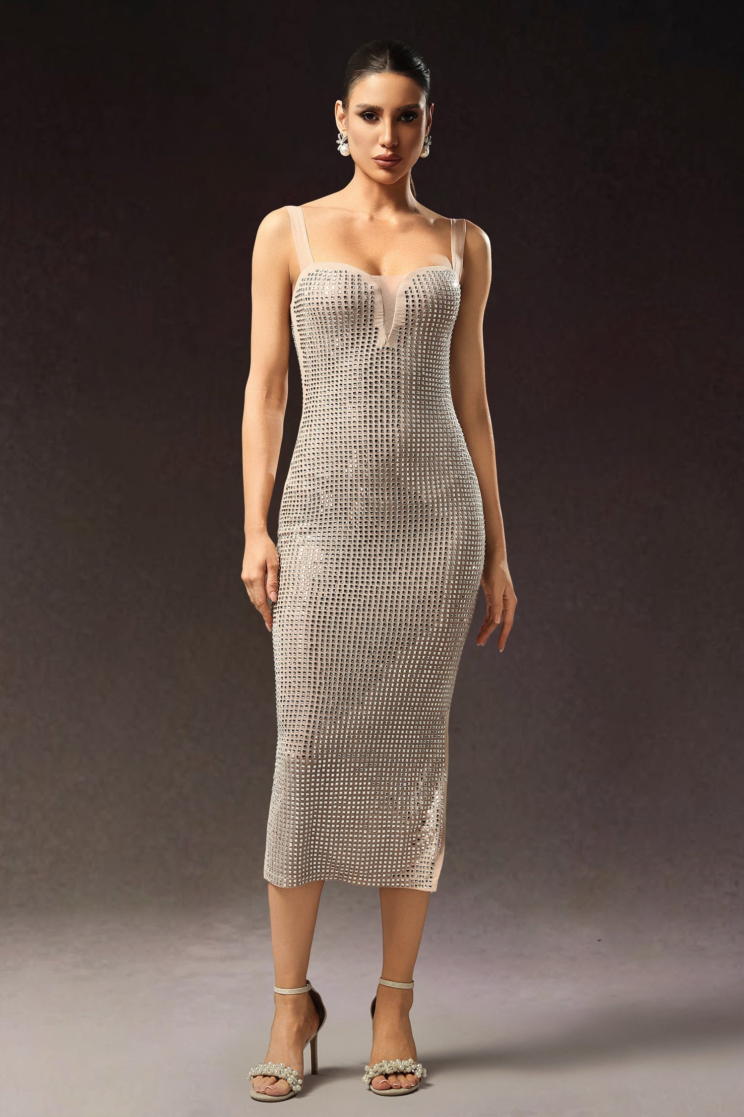 Adalgisa Beige Diamond Detail Plunging Neckline Dress