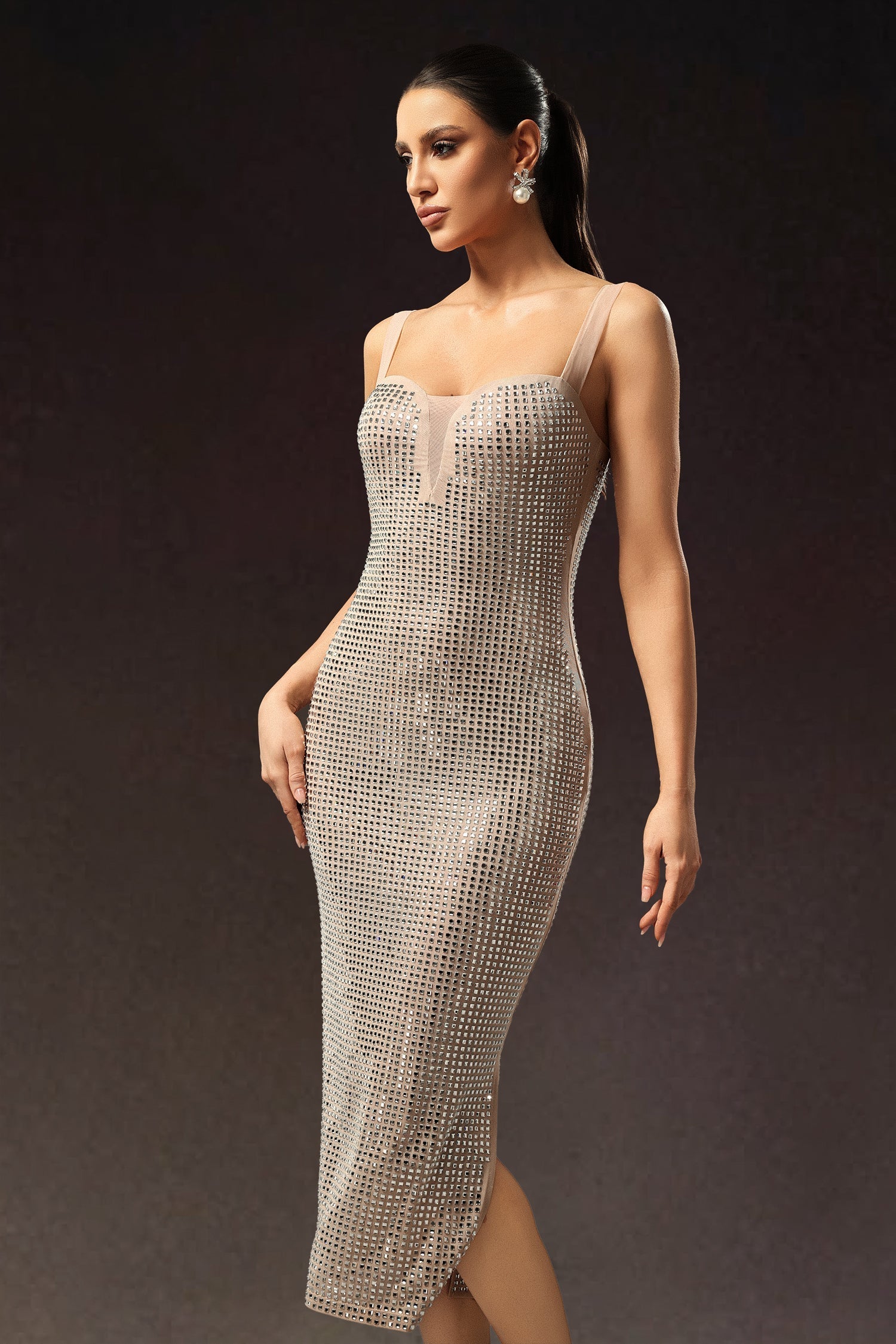 Adalgisa Beige Diamond Detail Plunging Neckline Dress