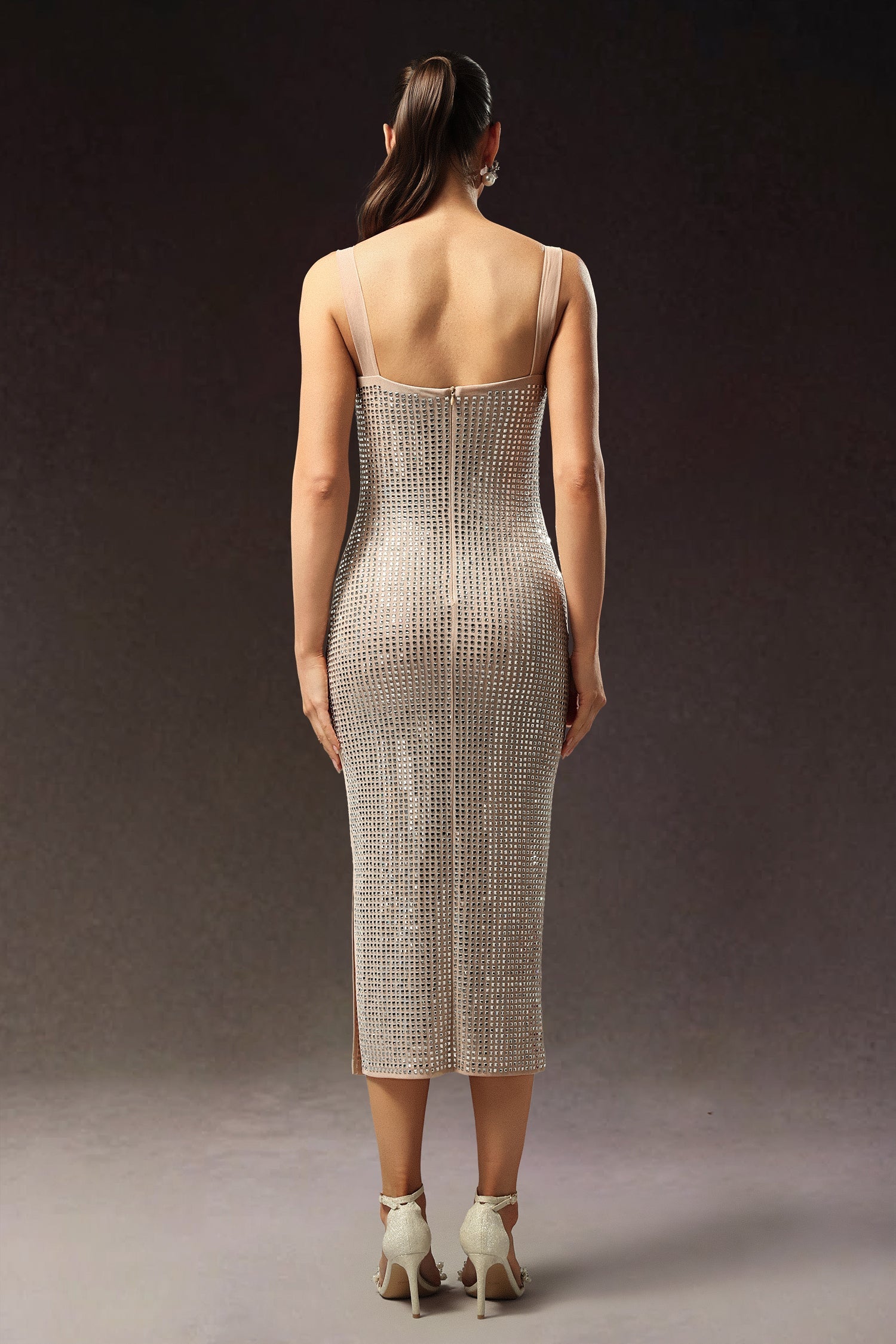 Adalgisa Beige Diamond Detail Plunging Neckline Dress
