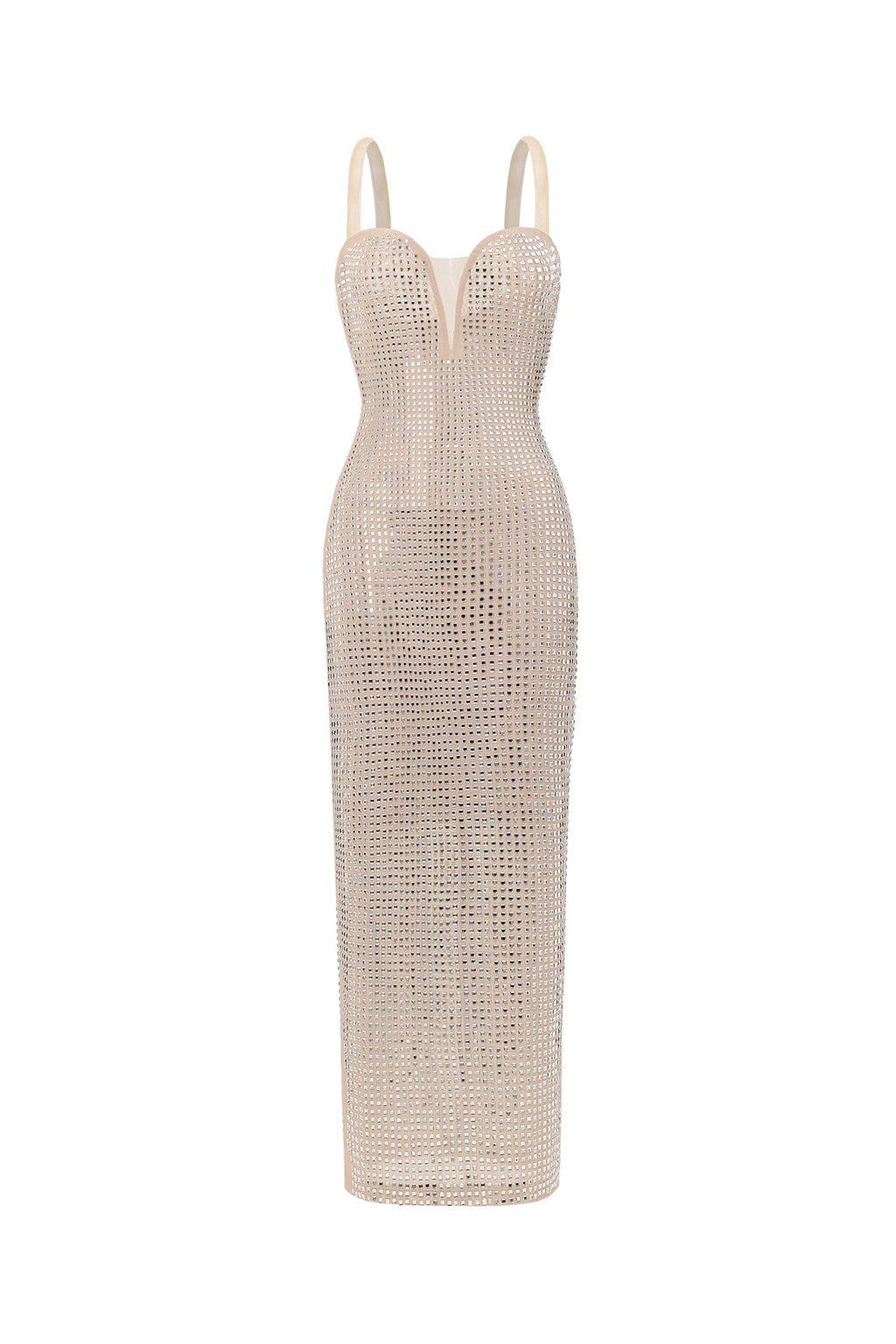 Adalgisa Beige Diamond Detail Plunging Neckline Dress