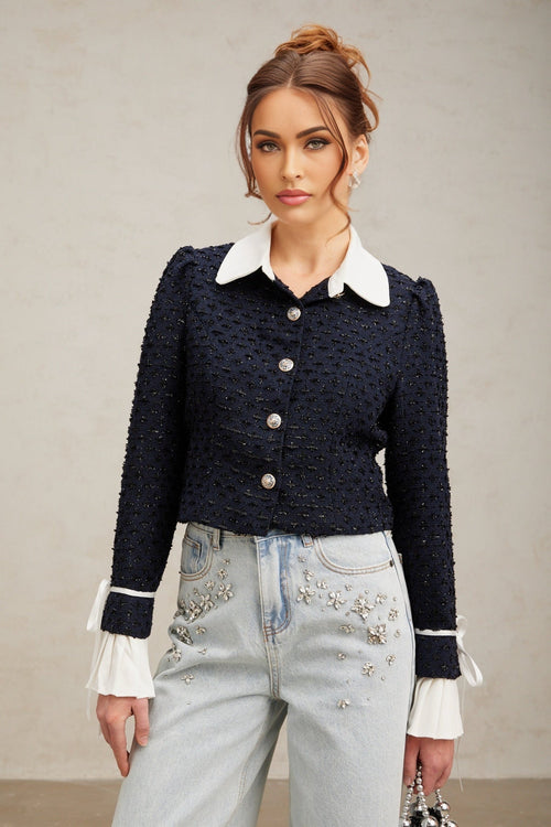 Adalgisa Jacket - Tweed - Flared Cuffs - Color Blocked Design - Quilted Lining
