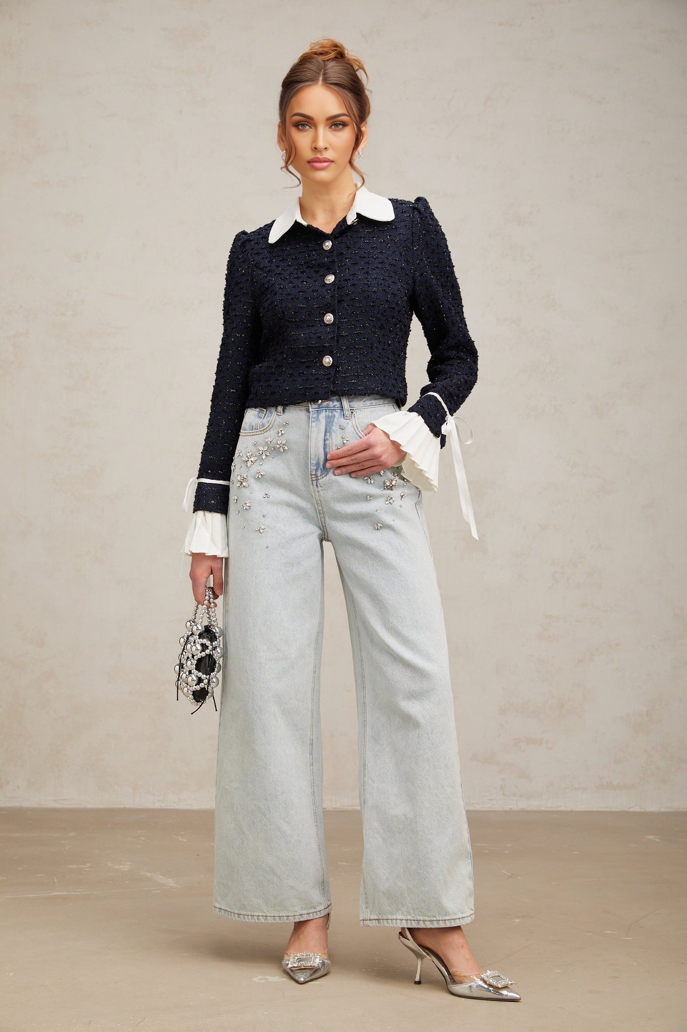 Adalgisa Jacket - Tweed - Flared Cuffs - Color Blocked Design - Quilted Lining