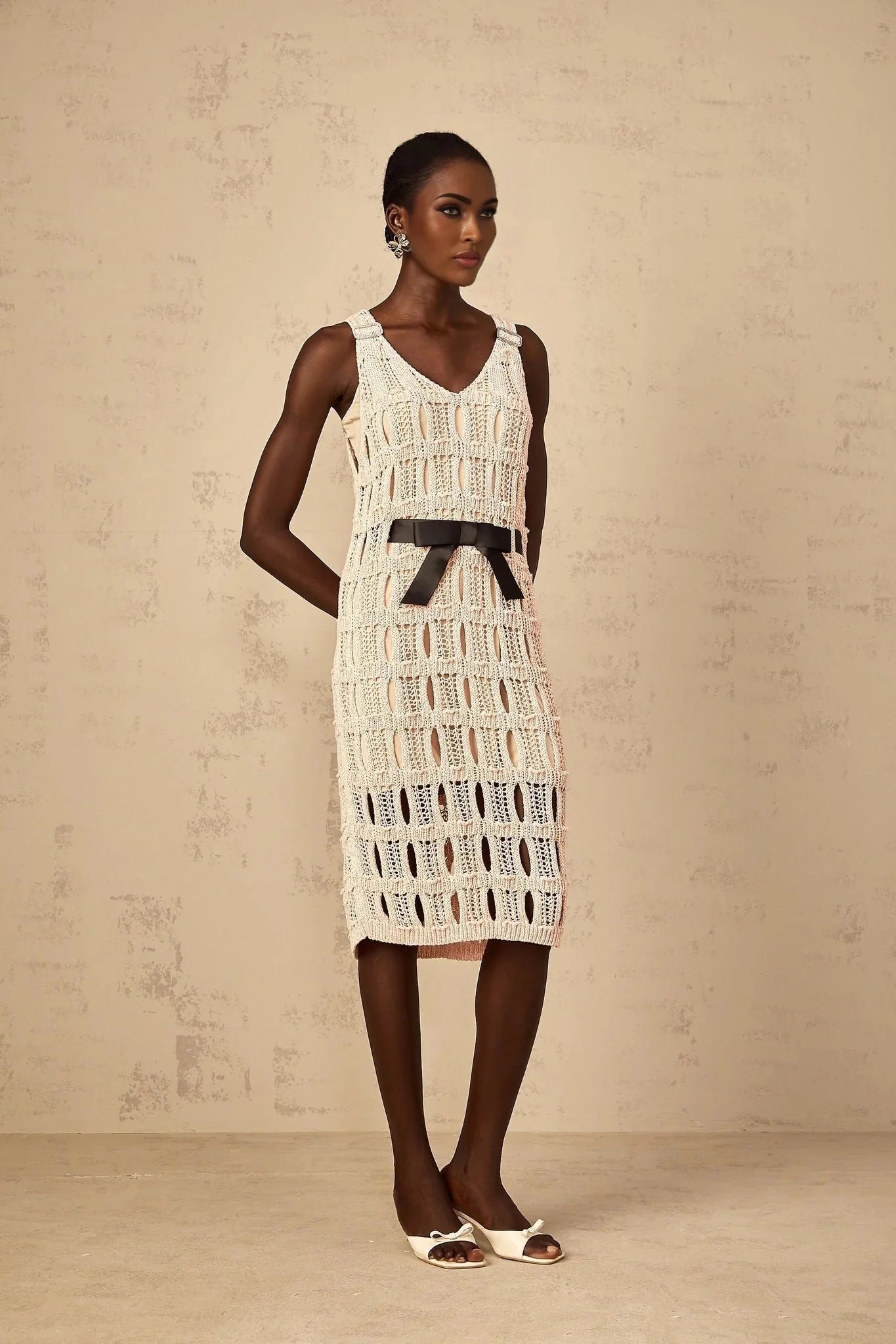 Adalgisa Midi Dress Pink & Black Crochet - Knit Bow Cut - Out