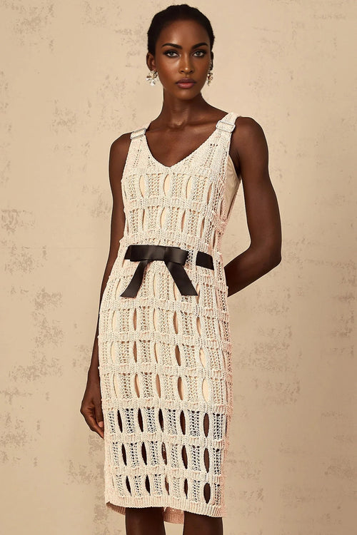 Adalgisa Midi Dress Pink & Black Crochet - Knit Bow Cut - Out