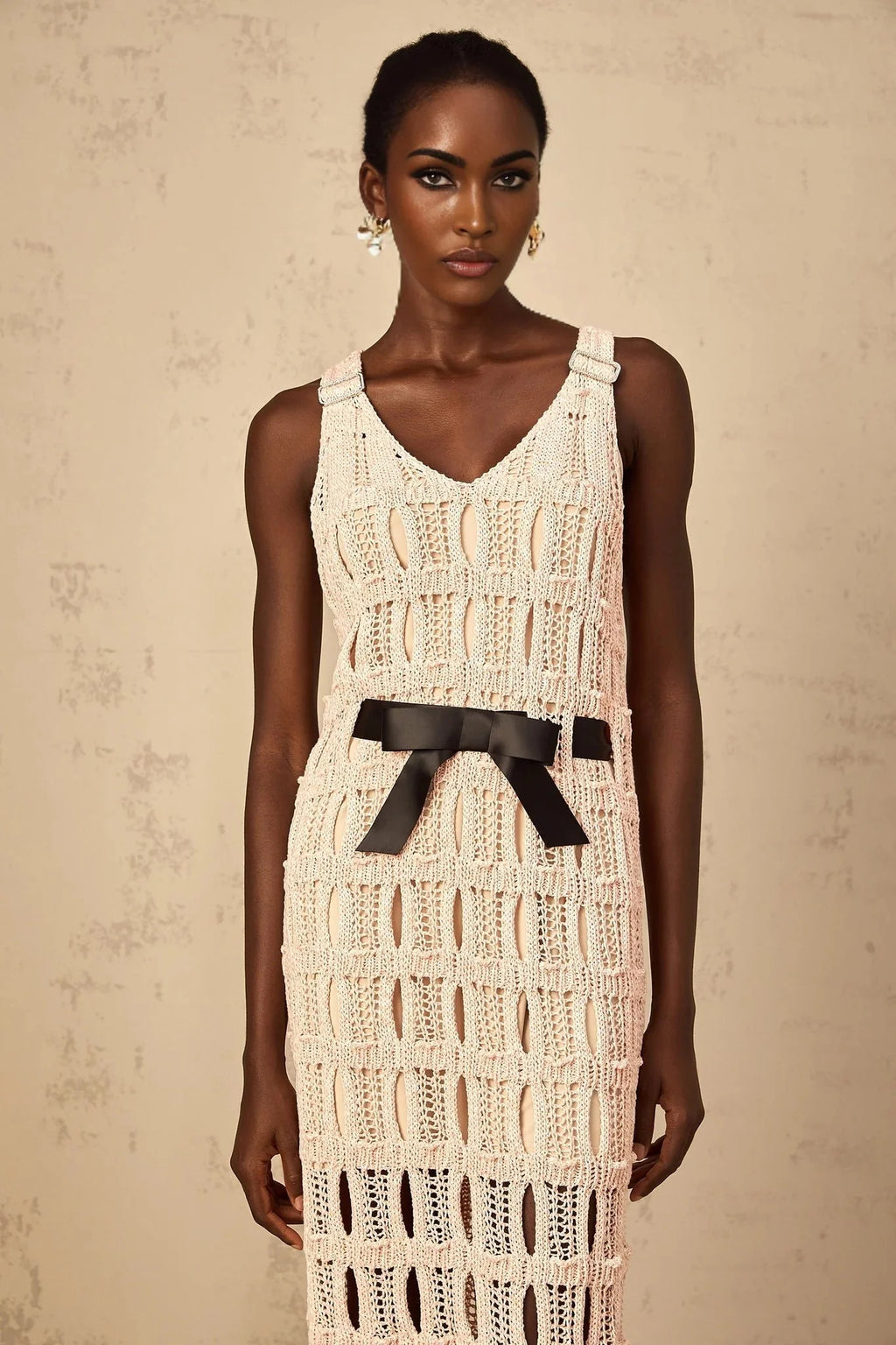 Adalgisa Midi Dress Pink & Black Crochet - Knit Bow Cut - Out