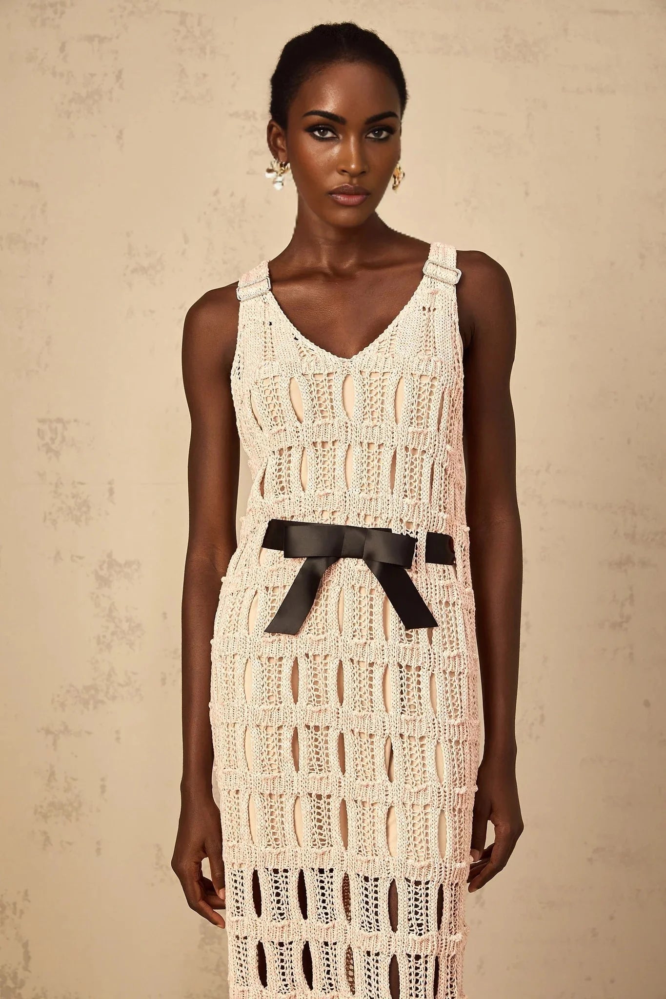 Adalgisa Midi Dress Pink & Black Crochet - Knit Bow Cut - Out