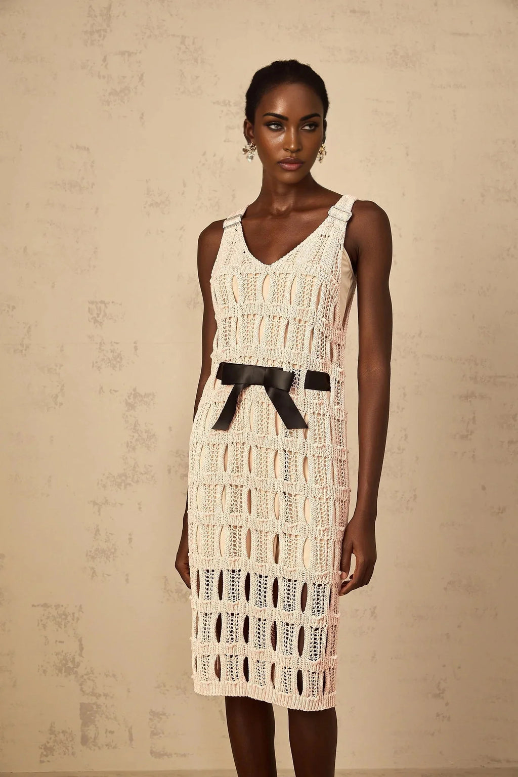 Adalgisa Midi Dress Pink & Black Crochet - Knit Bow Cut - Out