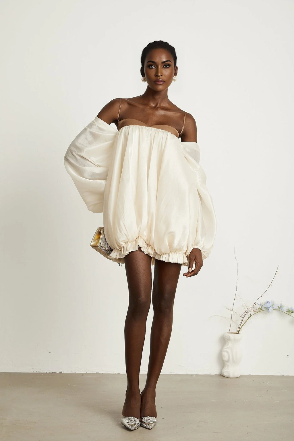 Adalgisa Mini Dress – Bell Sleeves – Pleated Design – Ruffled Trim