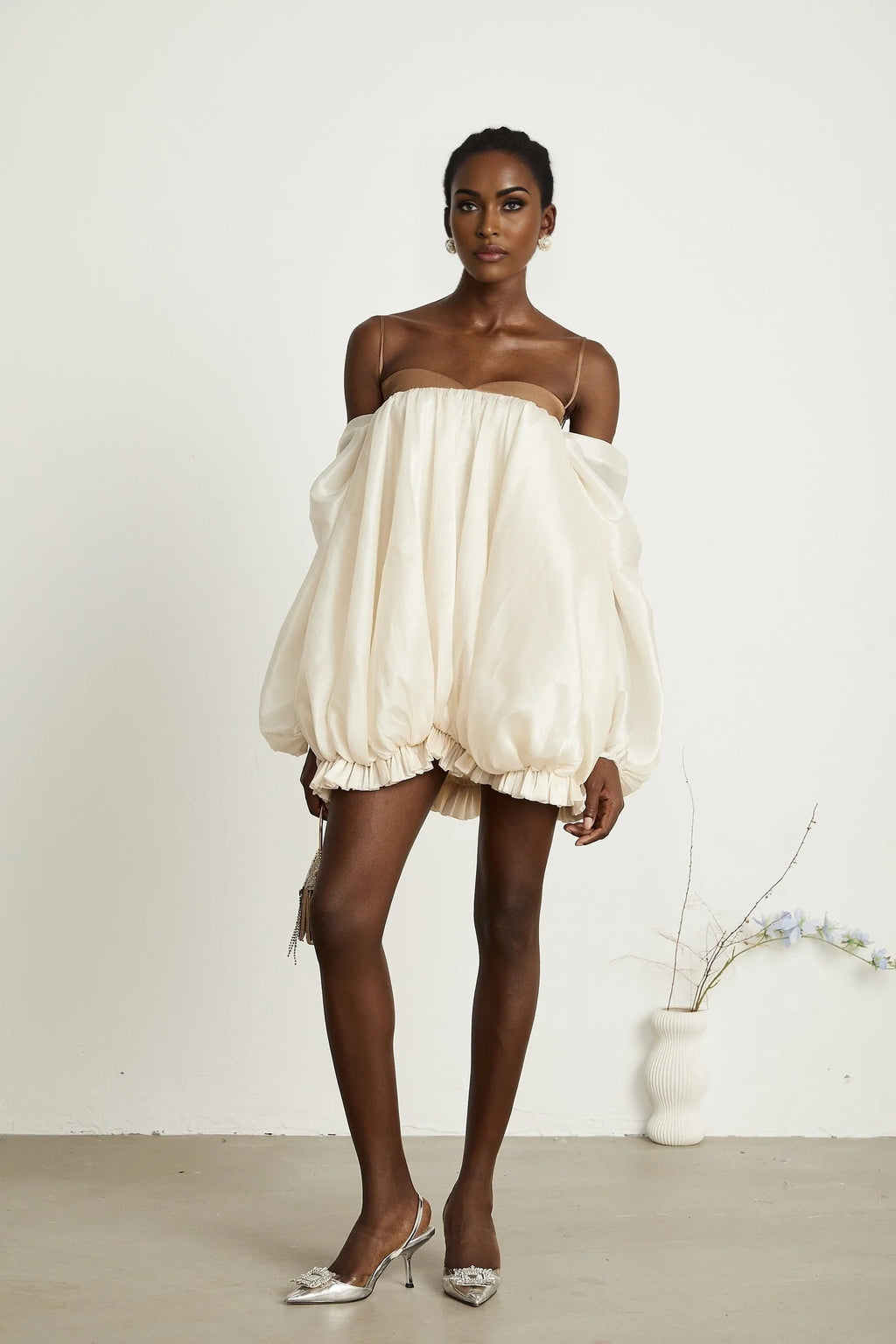 Adalgisa Mini Dress – Bell Sleeves – Pleated Design – Ruffled Trim