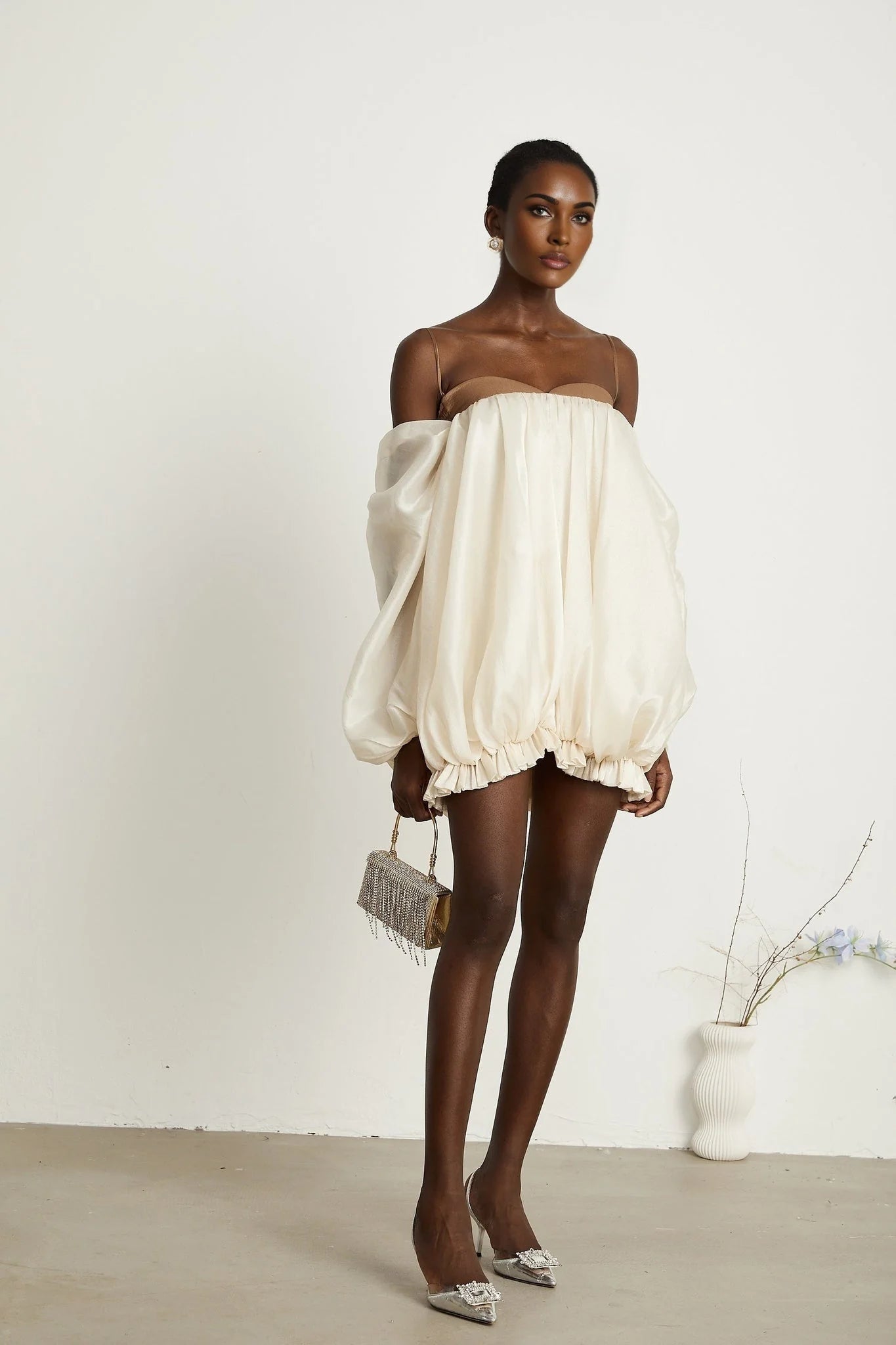 Adalgisa Mini Dress – Bell Sleeves – Pleated Design – Ruffled Trim