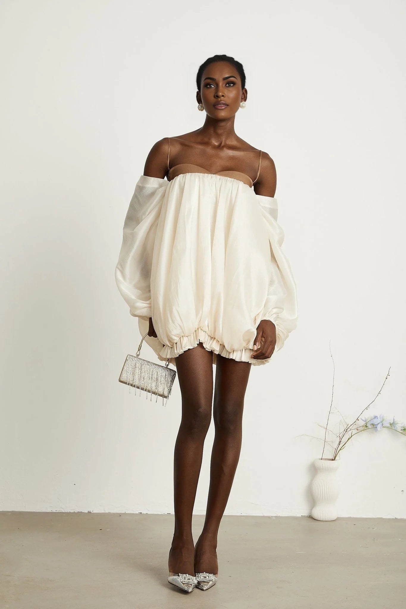 Adalgisa Mini Dress – Bell Sleeves – Pleated Design – Ruffled Trim