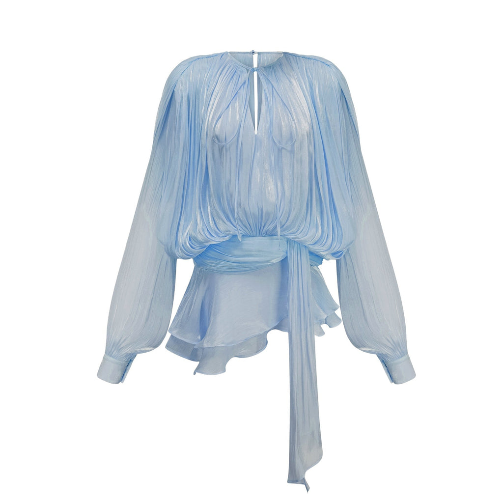 Adalgisa Mini Dress - Long Buttoned - Cuff Sleeves - Twist Design - Shoulder Pads - Ruffled Hem