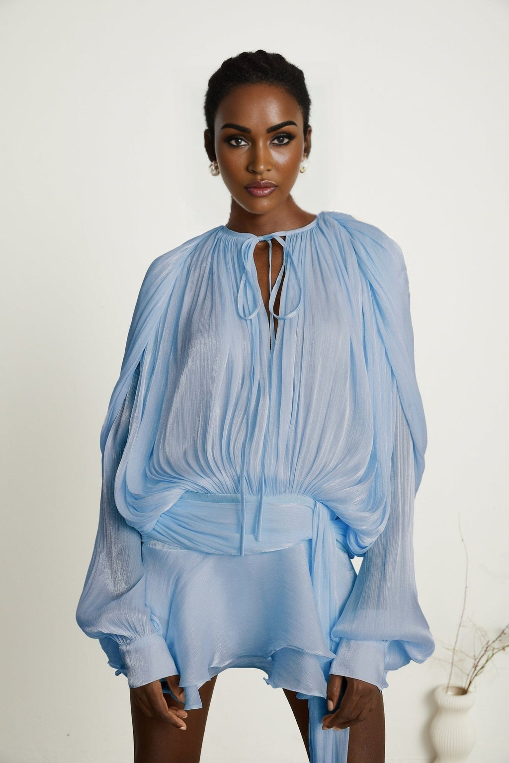 Adalgisa Mini Dress - Long Buttoned - Cuff Sleeves - Twist Design - Shoulder Pads - Ruffled Hem