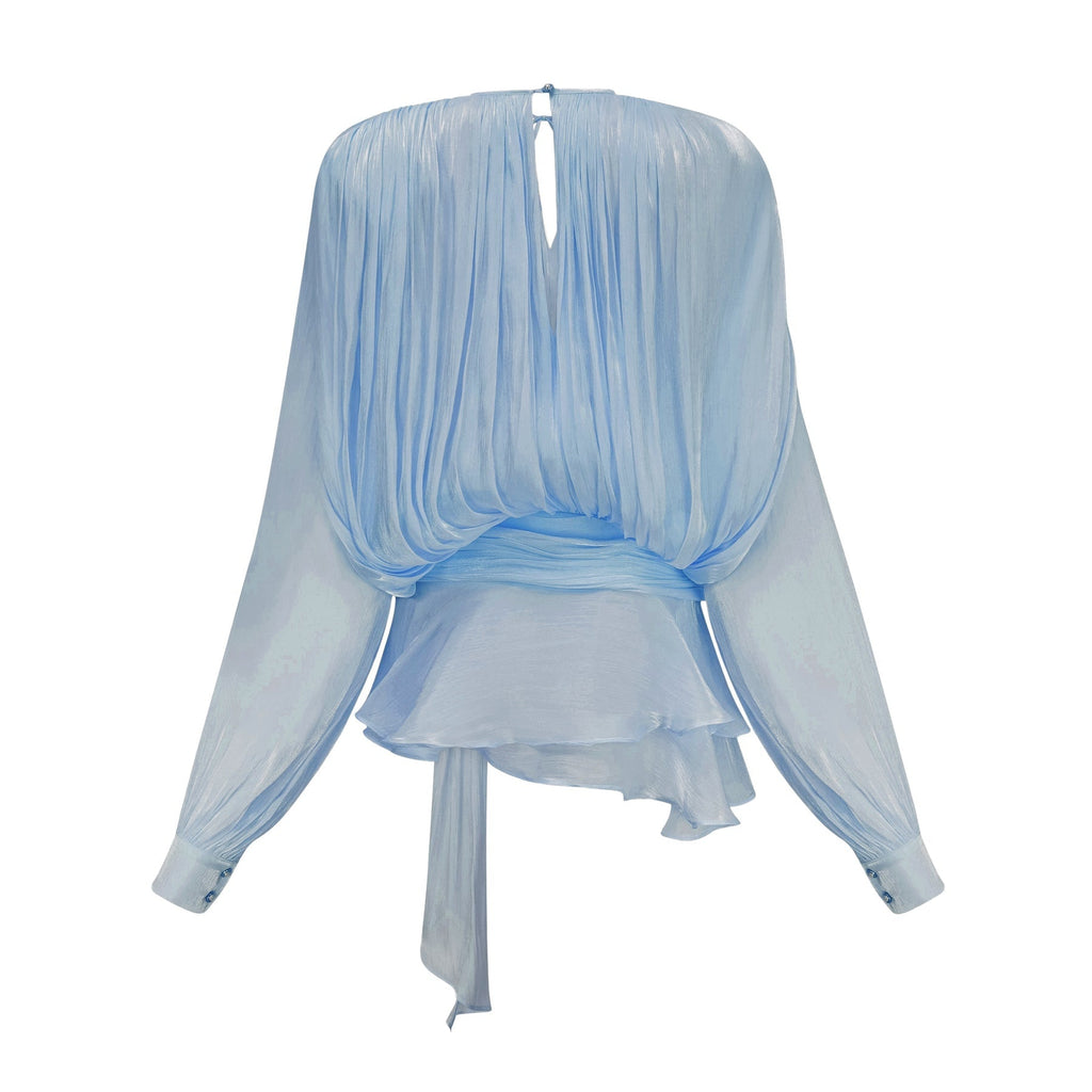 Adalgisa Mini Dress - Long Buttoned - Cuff Sleeves - Twist Design - Shoulder Pads - Ruffled Hem