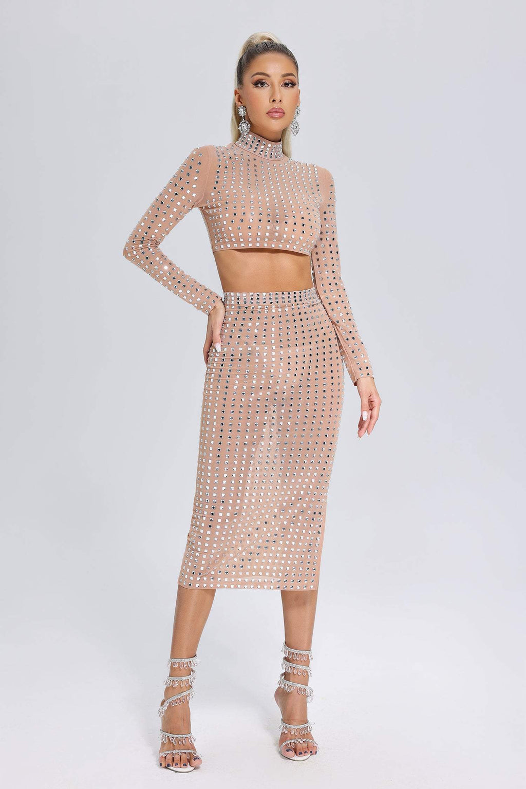 Adalyn Beige Mesh Diamante Detail Dress