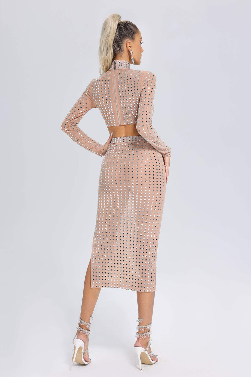 Adalyn Beige Mesh Diamante Detail Dress