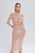 Adalyn Beige Mesh Diamante Detailing Dress