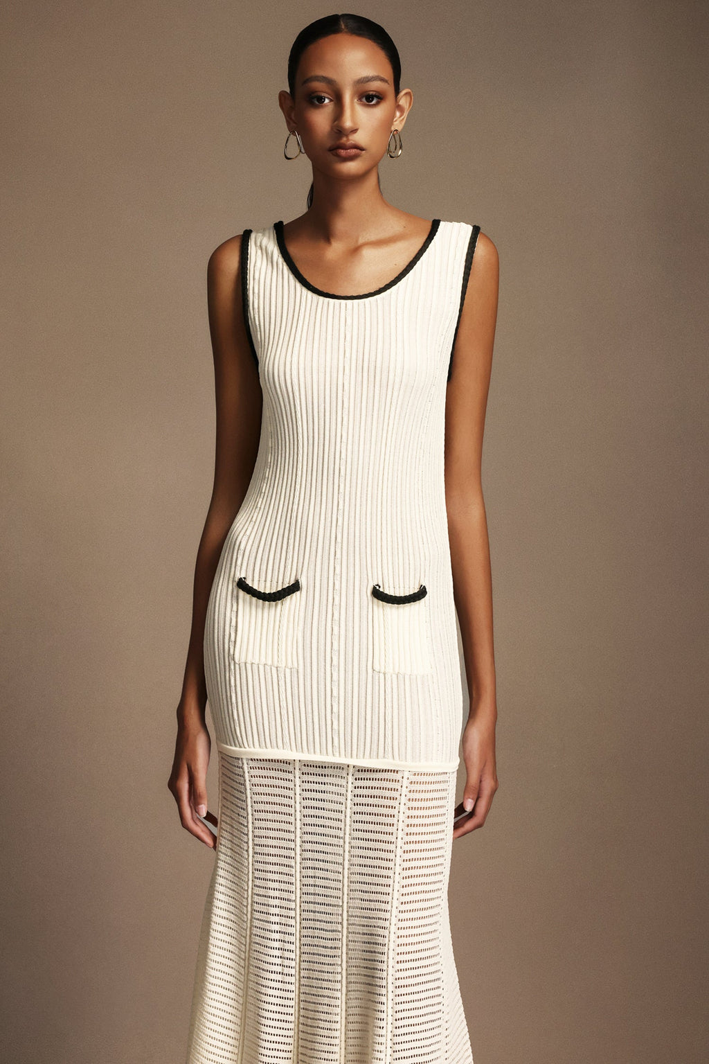 Adalyn Cream Ribbed Maxi Dress with Pockets for Women