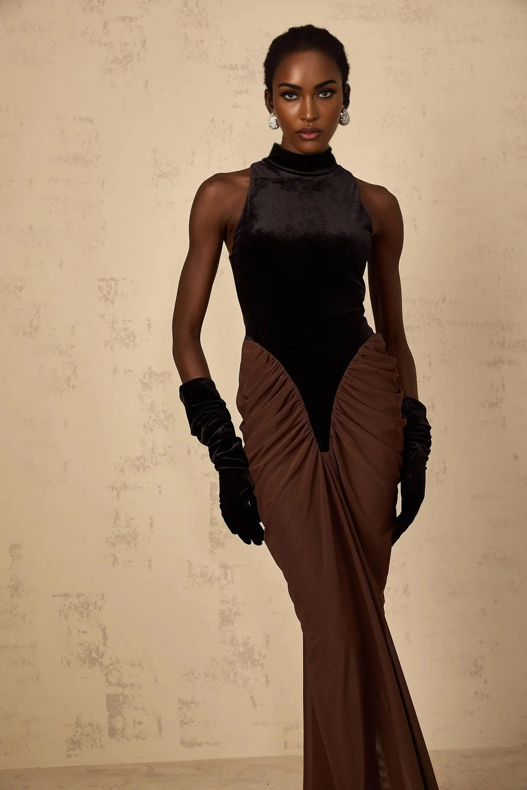 Adalyn Maxi Dress Brown & Black Velvet Ruched Detailing