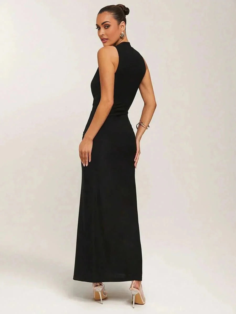 Adalyn Maxi Dress - Refined Style - Slim Fit - High Stretch Fabric - Sleeveless Length - Shawl Collar Neckline - Ruched, Wrap, Split Thigh
