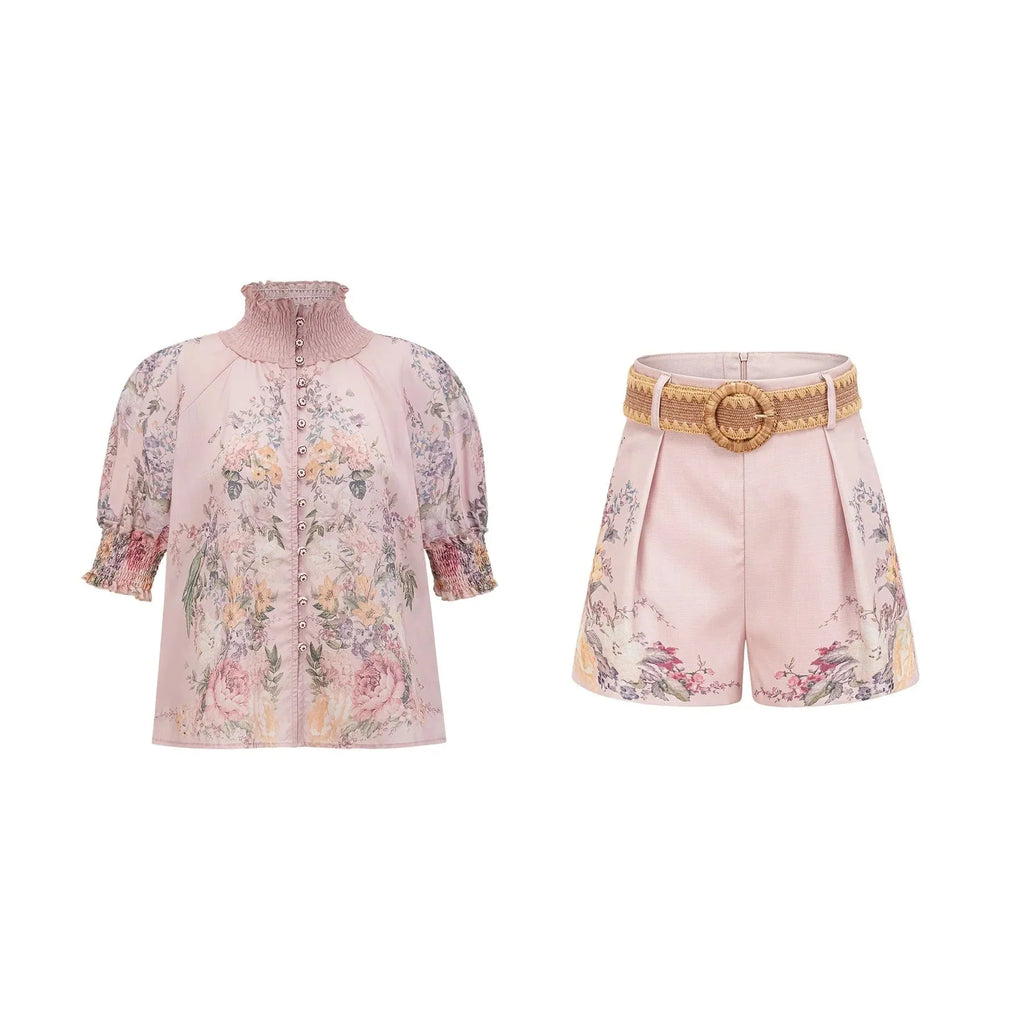 Adalyn Shirt & Shorts - Puff Sleeves - High Neck - Placement - Elastic Waistband