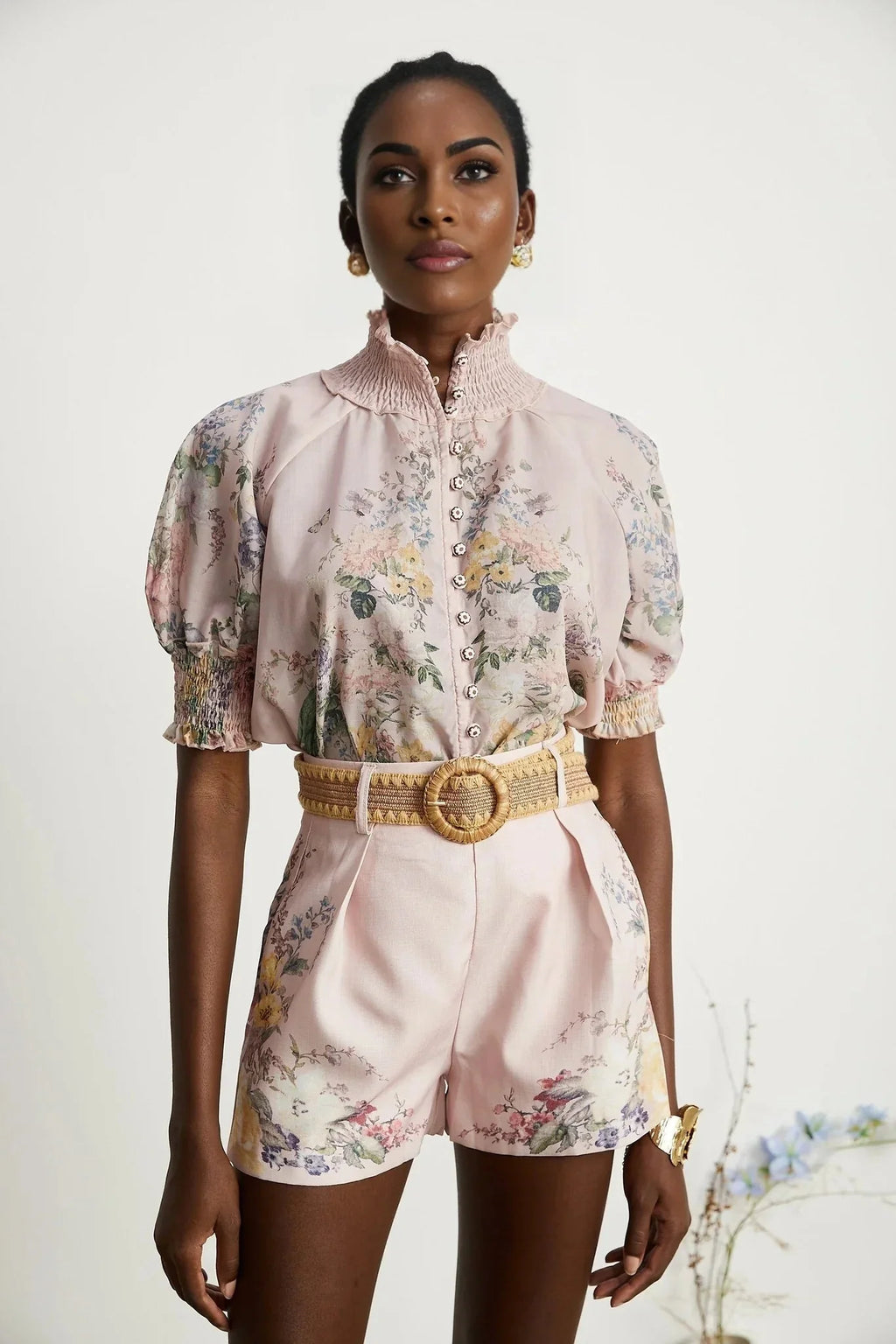 Adalyn Shirt & Shorts - Puff Sleeves - High Neck - Placement - Elastic Waistband