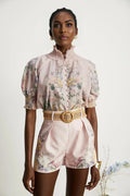 Adalyn Shirt & Shorts - Puff Sleeves - High Neck - Placement - Elastic Waistband