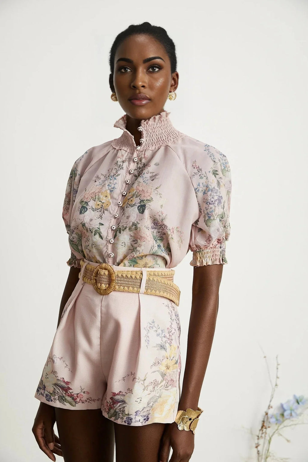 Adalyn Shirt & Shorts - Puff Sleeves - High Neck - Placement - Elastic Waistband