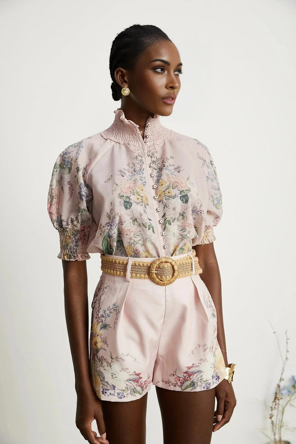 Adalyn Shirt & Shorts - Puff Sleeves - High Neck - Placement - Elastic Waistband