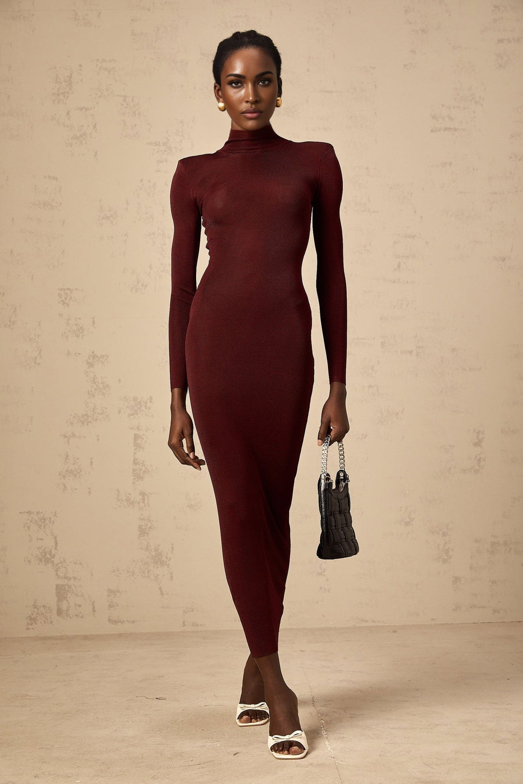 Addison Midi Dress - Shoulder Padded - Semi - Sheer - Stretch Knit - Turtle Neck